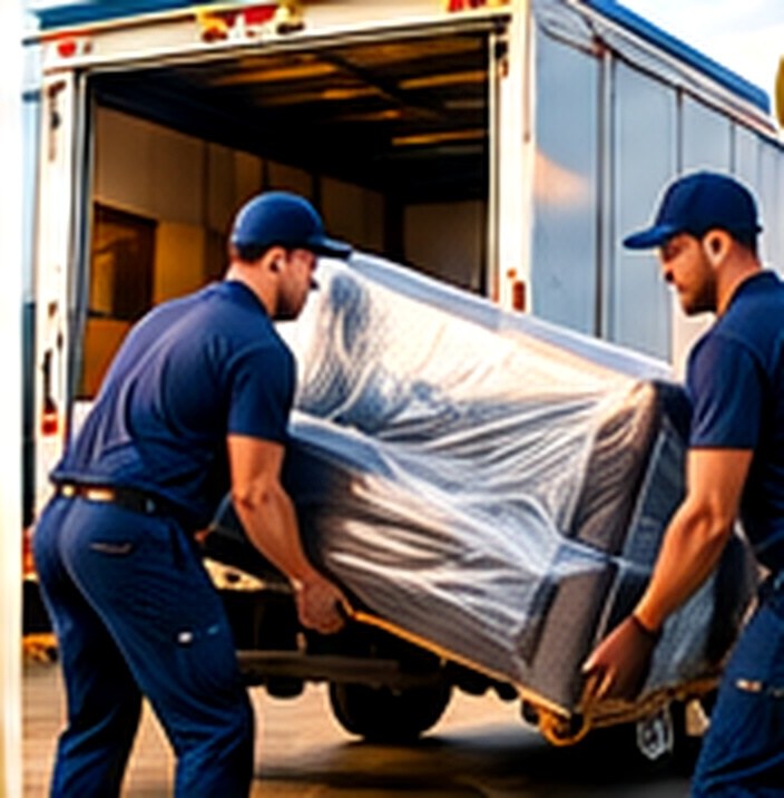 Moving professionals safely carrying a protected piece of furniture